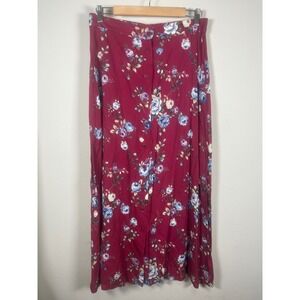 VTG Niki Lee California Maxi Skirt Floral Print Burgundy Button Front Size 13